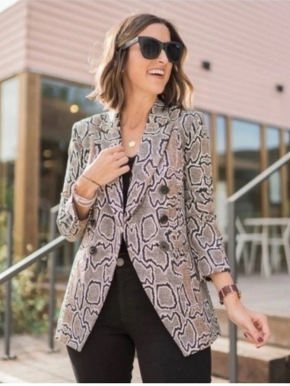 Cabi Python Snake Pattern Ponte Knit Double Breasted Blazer Jacket Grey 8